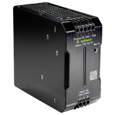 A switched-mode power supply with 'Output DC 24V / 10A' and 'Input AC 100–240V', brand 'wieland'. Black housing with connections on top.