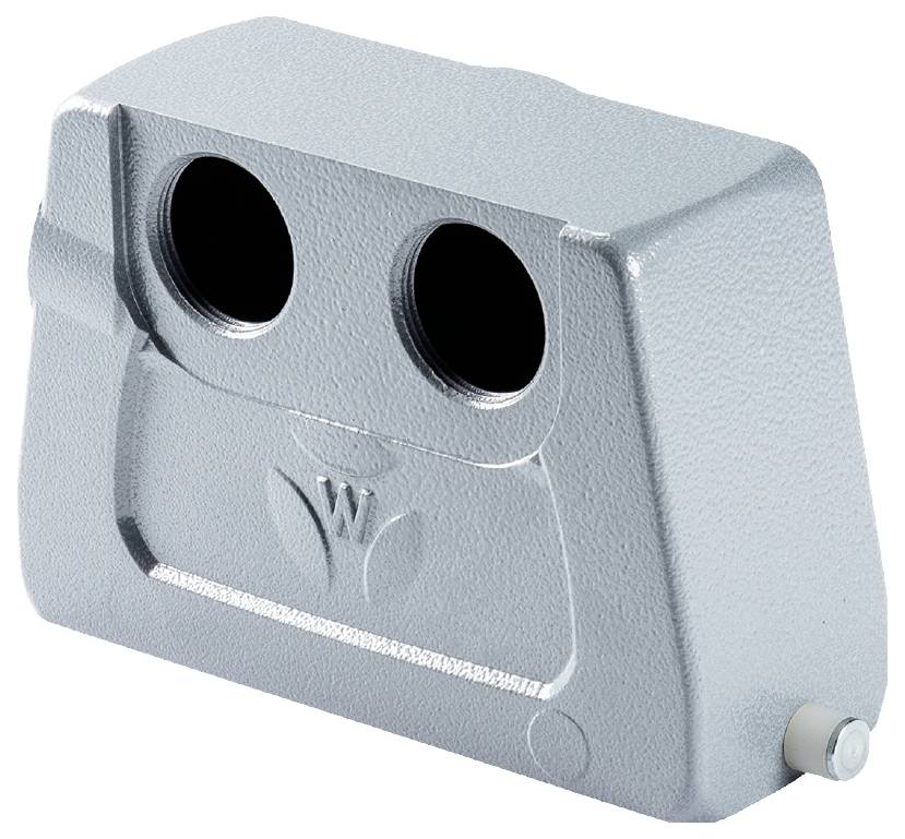 Silver-grey metal casing with two symmetrical openings and a small relief logo in the centre.