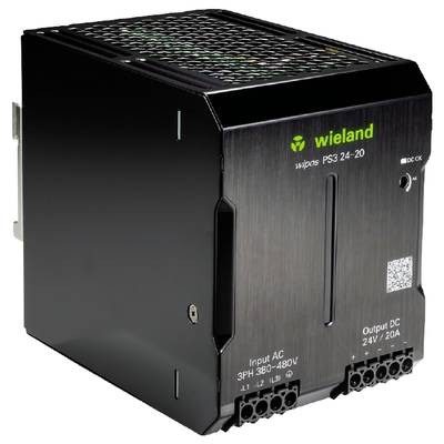 A black electric device with the inscription 'Wieland' and 'Output DC 24V/20A', showing input and output connections.