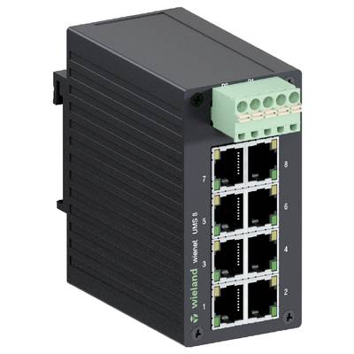 Industrial Ethernet switch with eight ports, black housing; side labelling 'wienet UMS 8'.