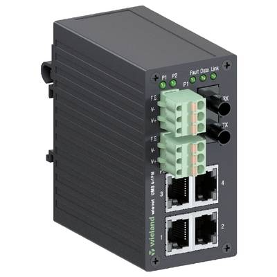 Industrial Ethernet switch with two Ethernet ports and connection terminals, suitable for data transmission in industrial networks.