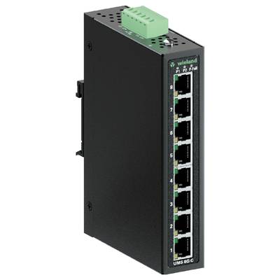 Compact 8-Port Industrial Ethernet Switch, black enclosure, green connection terminal on top, suitable for industrial networks.