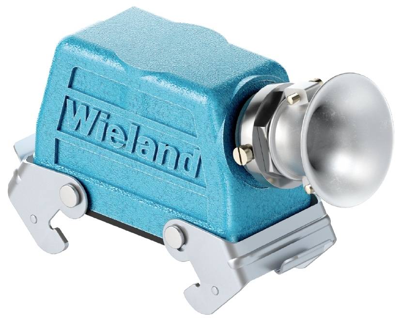Blue electrical connector with the 'Wieland' inscription on the side, mounted on a silver metal frame.