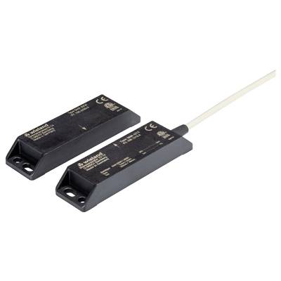 Two black, rectangular magnetic sensors with CE marking and cable. They are designed for industrial safety applications.