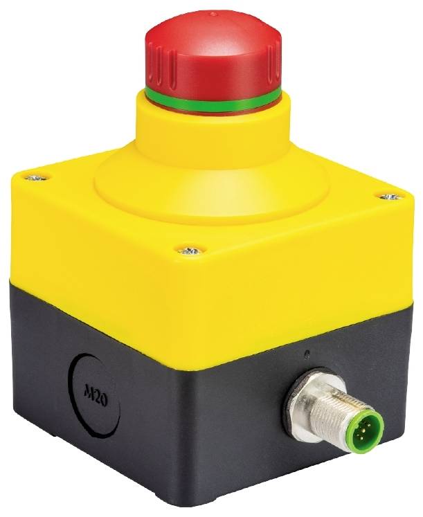 A red emergency stop switch mounted on a yellow base with a black housing and M20 connection, typical design for safety applications.