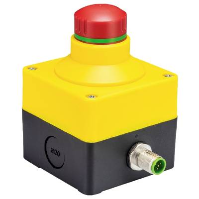 A red emergency stop switch mounted on a yellow base with a black housing and M20 connection, typical design for safety applications.