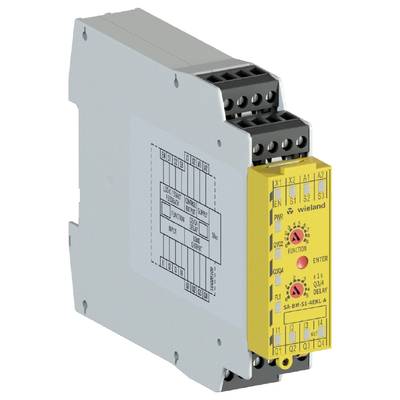 Electronic safety relay with a yellow front panel, multiple connections and labelling for industrial use.