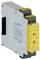 A safety relay for machine controls with terminals and LED indicators for monitoring safety functions.