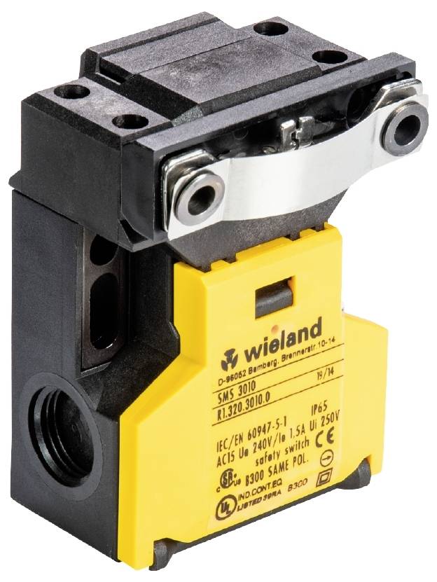 Yellow and black safety limit switch by Wieland, Model SMS 300, with metal lever, technical information embossed and visible.