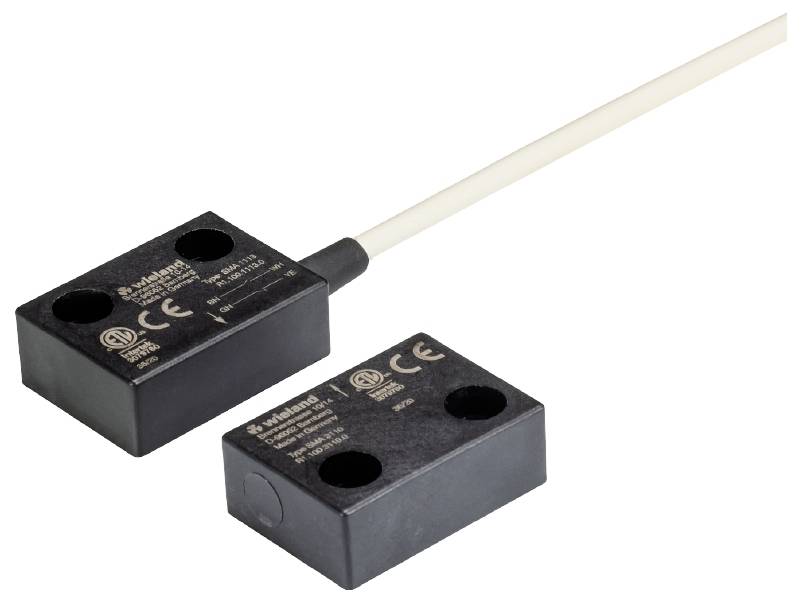 Two black magnetic proximity sensors with CE and UL marks, connected by a white cable.