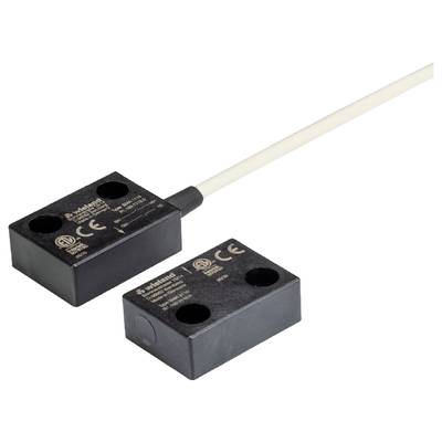 Two black magnetic proximity sensors with CE and UL marks, connected by a white cable.