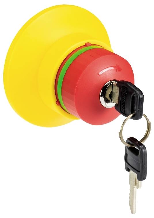 Emergency stop switch in a yellow mounting with a red button and two inserted keys, symbolising safety and control in emergency situations.