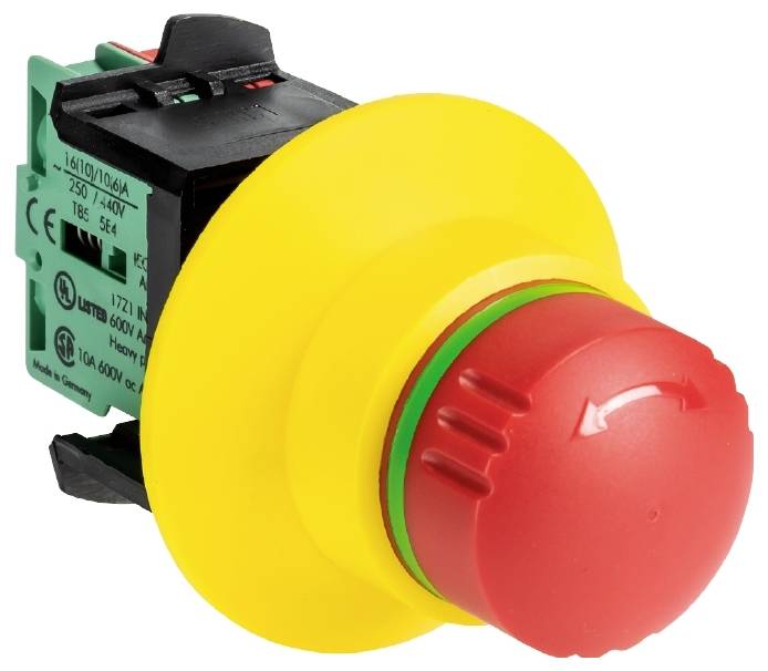 Emergency stop button in red and yellow, used for immediate shutdown of machines or systems.