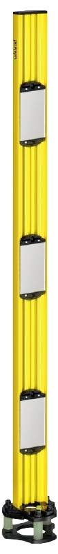 Safety light curtain: A yellow vertical bar with multiple reflective sensors, used to secure machinery areas.