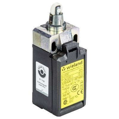 A square end switch with a yellow label shows the manufacturer Wieland Electric. Model and specifications are printed. Ideal for machine controls.