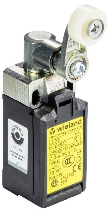 Industrial end switch with lever and roller, black housing, yellow label with technical specifications, Wieland brand.