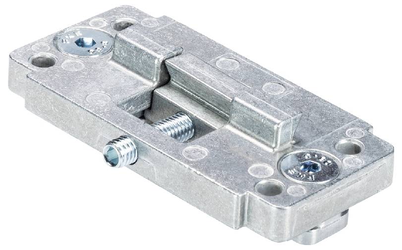 Metallic sliding lock with two screws and sliding mechanism, used for industrial or mechanical applications.