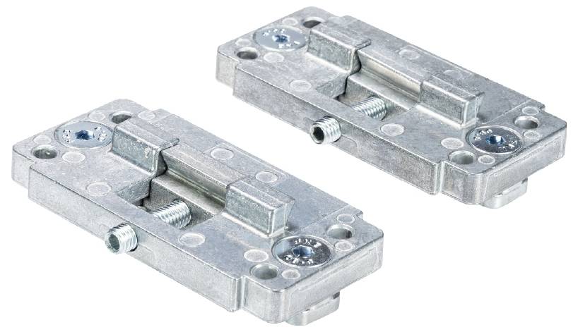 Two silver metal sliding locks side by side, with visible screws and sliders, on a white background.