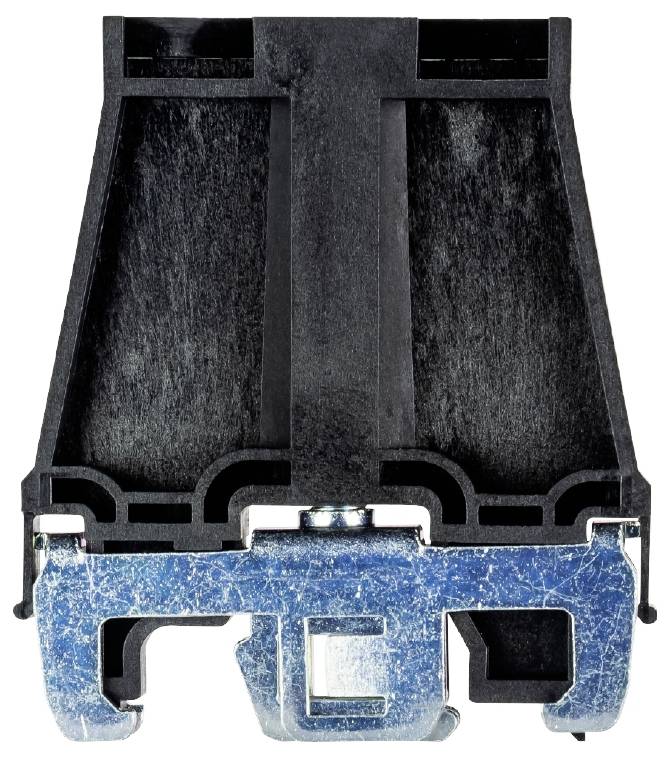 Black and blue electrical terminals, predominantly made of plastic and metal, viewed from the front.