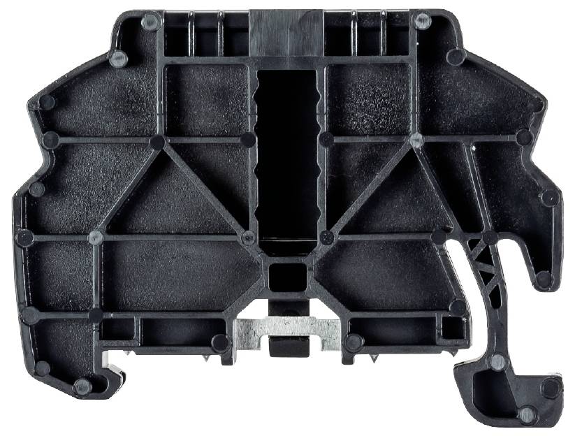 Plastic component in black, with multiple subdivisions and struts. Commonly used in electrical applications.