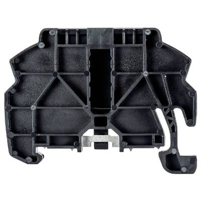 Plastic component in black, with multiple subdivisions and struts. Commonly used in electrical applications.