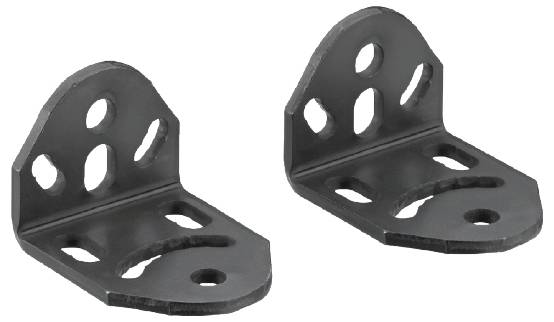 Two black metal angle brackets with multiple holes, suitable for shelf or furniture mounting.