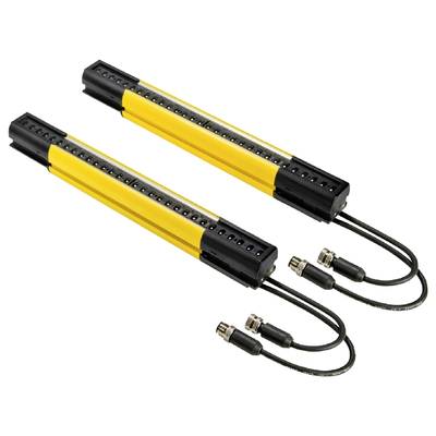 Two yellow and black safety light curtains with cable connections, used for machine safety in industrial applications.