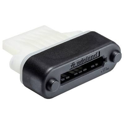 An electrical plug connector with a black housing and multiple metal pins; 'Wieland' is engraved on the front surface.