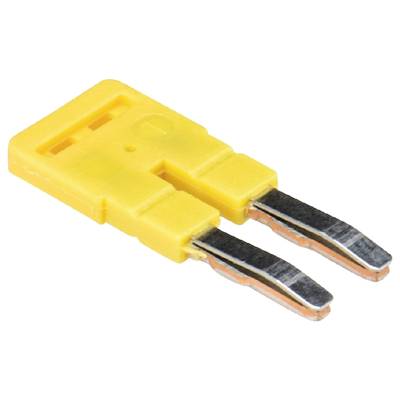 Yellow terminal block bridge for connecting electrical circuits. Two metal tongues for secure connection.