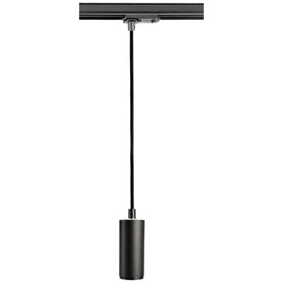 A contemporary, black pendant light with a cylindrical lampshade, hanging from a ceiling and suitable for minimalist room design.