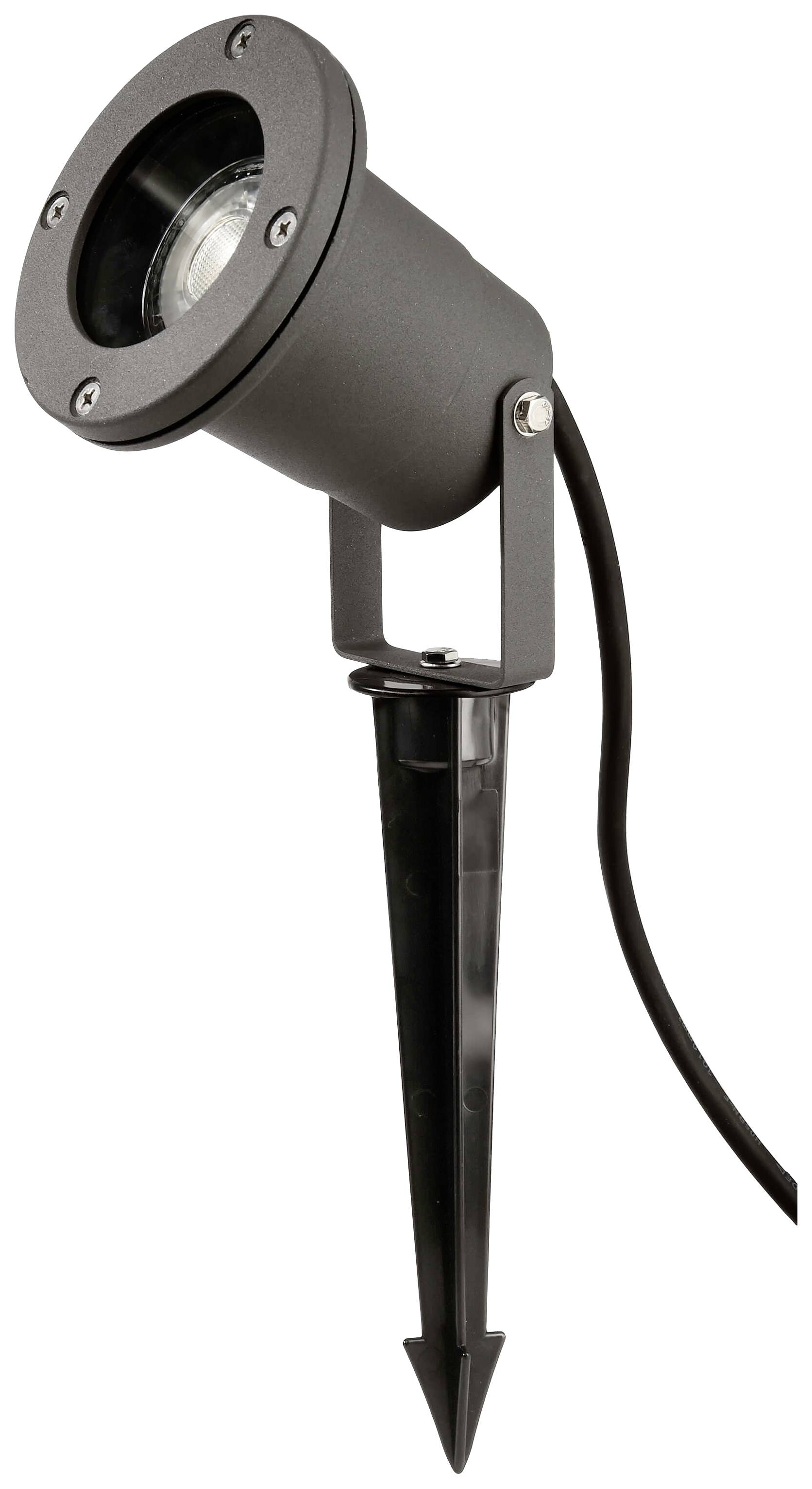 Garden spotlight with black housing and ground spike. Used for outdoor lighting to illuminate areas outside.<br><br>Garden spotlight with black casing and ground stake. Used for exterior lighting to illuminate outdoor spaces.