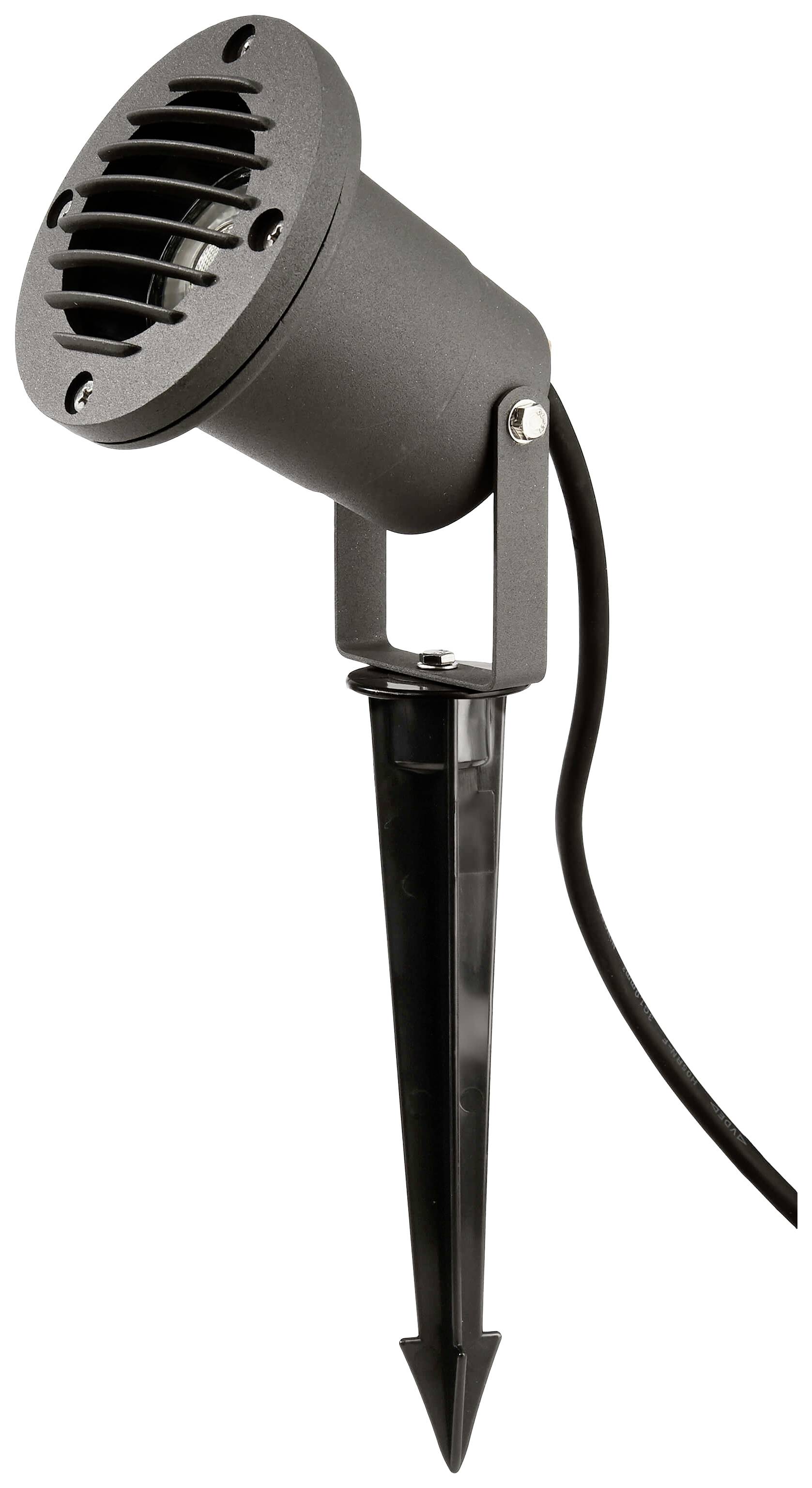 Outdoor spike light in black metal, suitable for garden lighting, with adjustable head and cable.<br><br>Outdoor spike light made of black metal, ideal for garden illumination, featuring an adjustable head and cable.