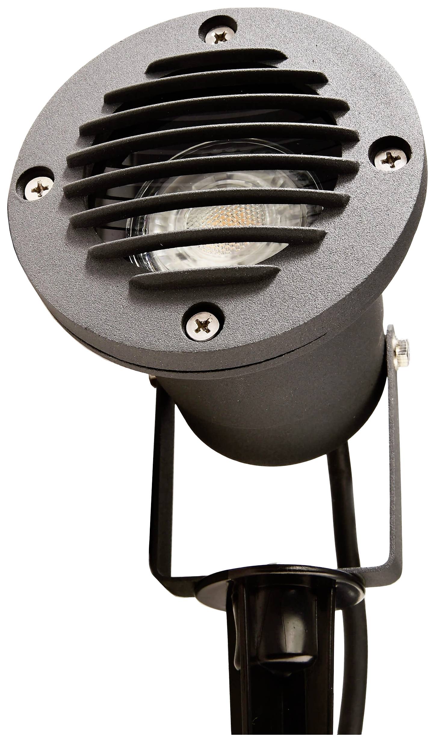 A black spotlight with a mesh cover, mounted on an adjustable bracket, suitable for outdoor lighting.