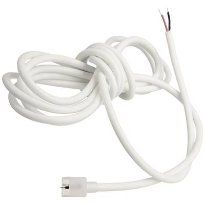 A white, long cable with a plug at one end and two stripped wires at the other end. Suitable for electrical connections.