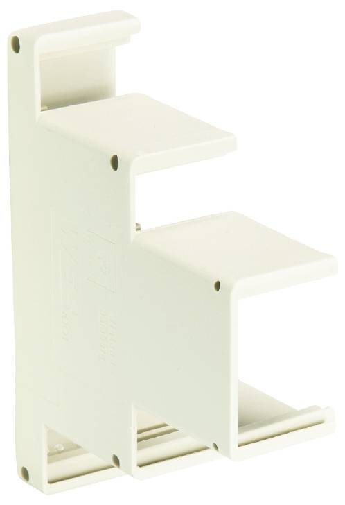 A white plastic component with two overlapping mounting points, possibly a mounting clip or bracket for rails.