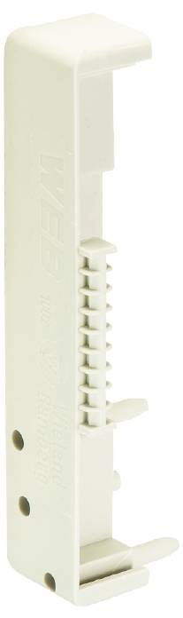 White plastic mounting bracket, vertically positioned, with multiple recesses and embossed lettering on the surface.