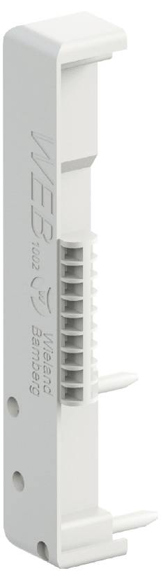 A white holder with two upward-pointing pins and several small mounting points in the centre. Suitable for technical applications.