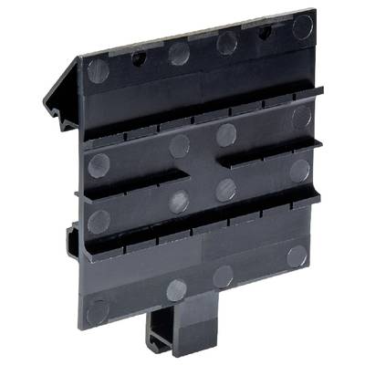 A black plastic component with multiple horizontal slots, potentially for mechanical or electrical applications.
