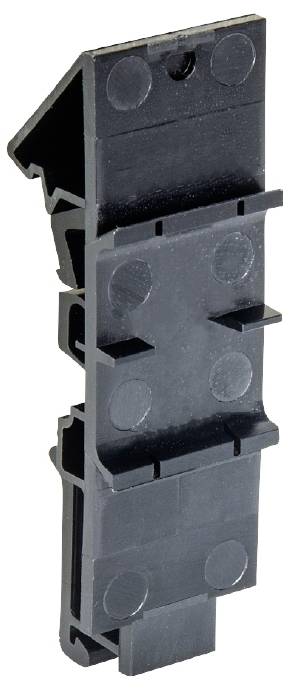 A black plastic component with a rectangular shape, multiple lateral protrusions, and a continuous slot in the centre.