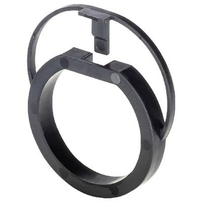 Round black plastic clip with integrated hook, suitable for securing or holding together round objects.
