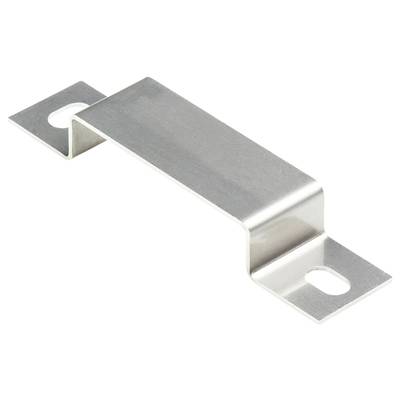 Metal hinge with two fixing holes at the ends, suitable for connecting structures or as a mounting bracket.