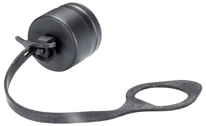 A black, cylindrical plastic lid with a flexible mounting strap, suitable for covering an electrical connection.