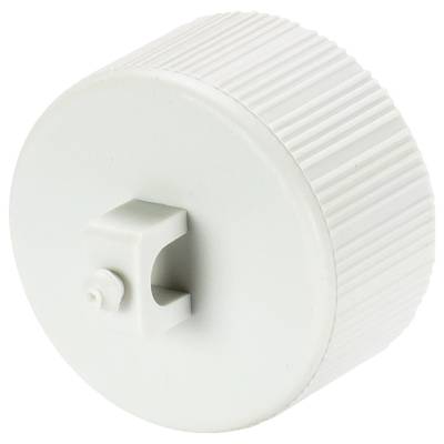 A white, round rotary knob with a ribbed surface and a mounting bracket on the side.