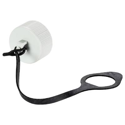 White screw cap with black security band and loop; used for sealing containers, prevents loss.