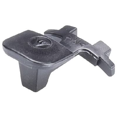 A black plastic mounting bracket with a raised edge and a logo on the top surface. Commonly used for attaching components.