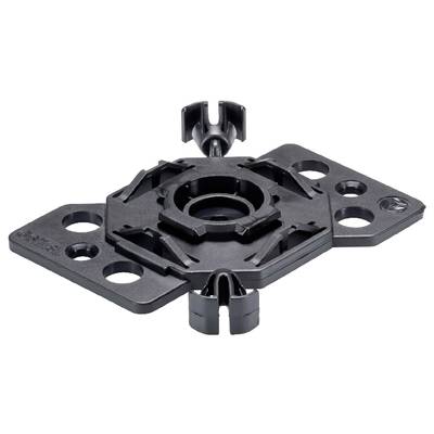 A black plastic clip for securing cables or pipes, with multiple holes for mounting on various surfaces.