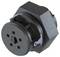 A hexagonal mechanical adapter with a round front face and multiple holes, primarily in black.