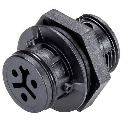 A grey, cylindrical plastic plug with multiple slots. It has a hexagonal thread and appears to be used for electrical connections.