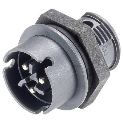 A round, black plug with multiple metal pins for electrical connection. Suitable for technical devices or cable connections.