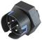 Black round plug with multiple metal pins, suitable for electrical connections, on a white background.